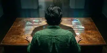 The Interconnectedness of Modern Life: A Data-Driven Analysis of News, Education, Benefits, and Finance Dynamics A person, seen from behind, interacts with fragmented digital news headlines projected onto a wooden desk, symbolizing the influence of information consumption and cognitive biases on perceptions of education, benefits, and finance.