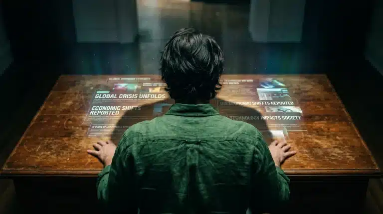 A person, seen from behind, interacts with fragmented digital news headlines projected onto a wooden desk, symbolizing the influence of information consumption and cognitive biases on perceptions of education, benefits, and finance.