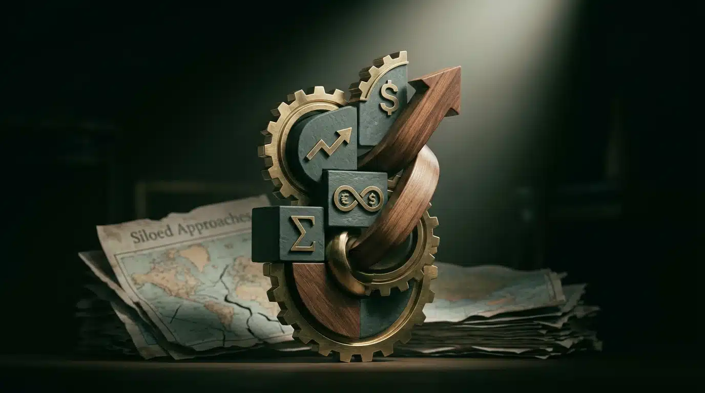 Dramatic chiaroscuro photograph illustrating the synergy of news, education, benefits, and finance with intertwined brass, slate, and wood structures contrasting with discarded paper maps.
