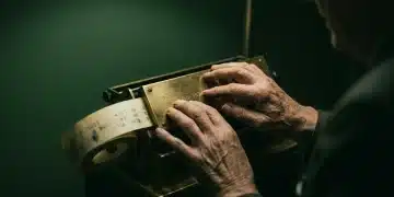 Close-up of weathered hands interacting with a vintage stock ticker machine, illustrating the foundational link between information and economic decision-making.