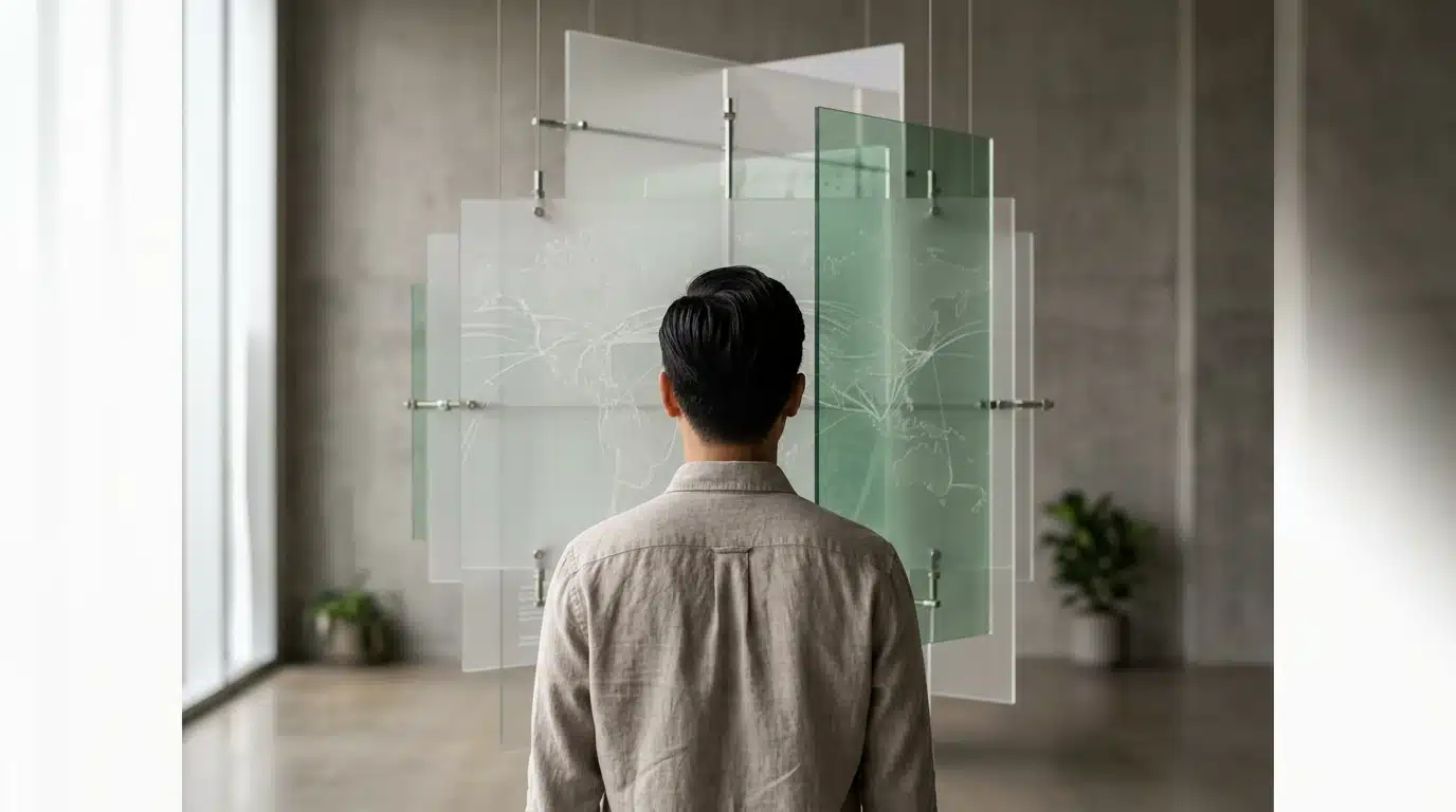 A person observing a minimalist geometric art installation made of etched acrylic planes, symbolizing global economic interconnectedness and supply chain disruptions, in muted green and warm gray tones.