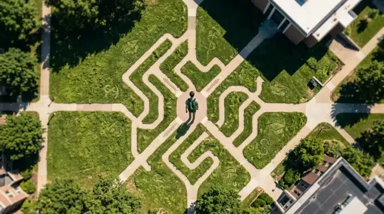 Aerial view of a student walking a complex, winding pathway on a college campus, symbolizing navigation of evolving financial aid.