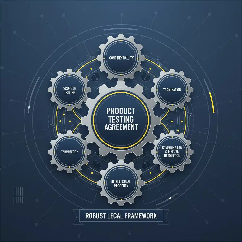 Infographic illustrating interconnected legal clauses in a product testing agreement