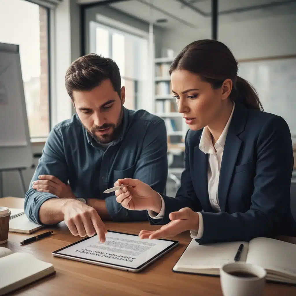 Product developer and legal counsel reviewing intellectual property clause in agreement
