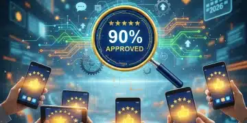 Illustration of hands interacting with positive product reviews on digital devices, symbolizing a 90% approval rate.