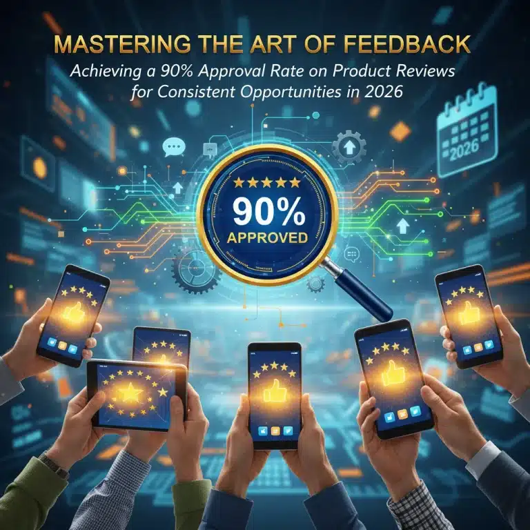 Illustration of hands interacting with positive product reviews on digital devices, symbolizing a 90% approval rate.