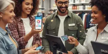 Happy shoppers engaging with modern consumer loyalty programs in a retail setting.