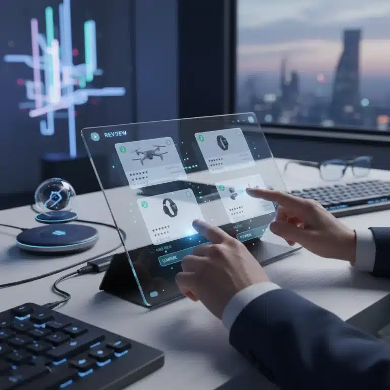 Hands interacting with a tablet, showcasing a modern product tester profile interface.