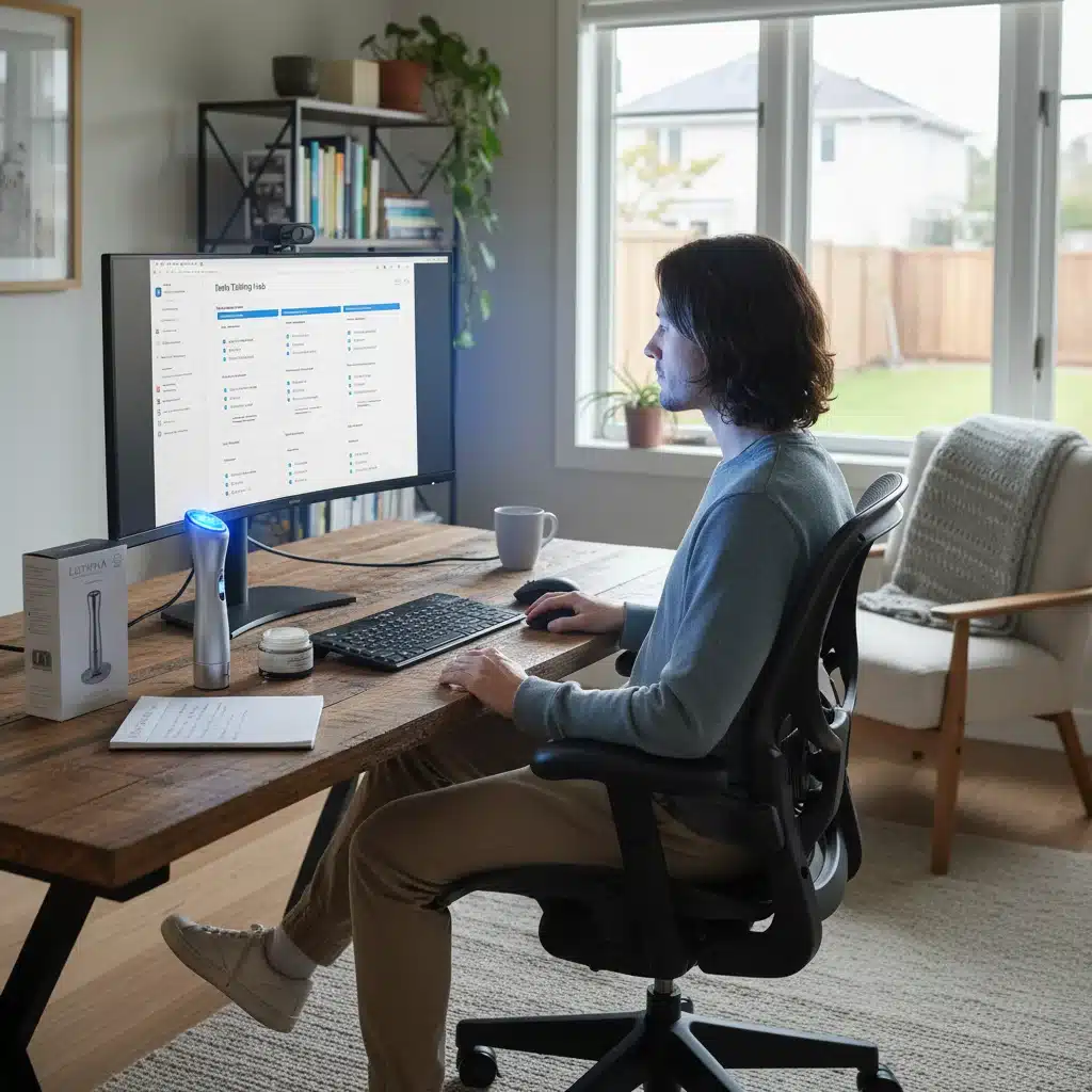 Individual evaluating a product and filling out an online survey at home.