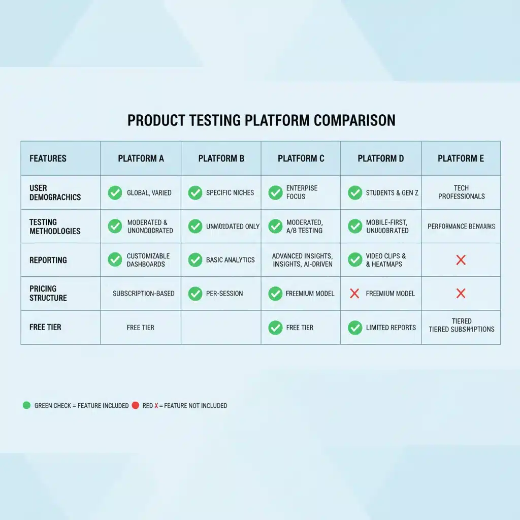 Infographic comparing features of five product testing platforms