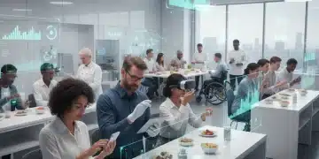 Diverse group testing new products in a modern lab with data overlays