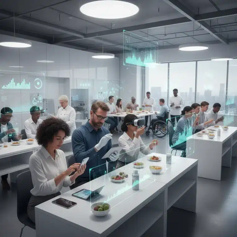 Diverse group testing new products in a modern lab with data overlays
