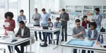 People testing new products in a modern research facility, focused on user experience.