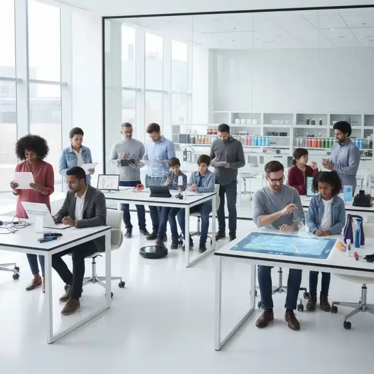 People testing new products in a modern research facility, focused on user experience.
