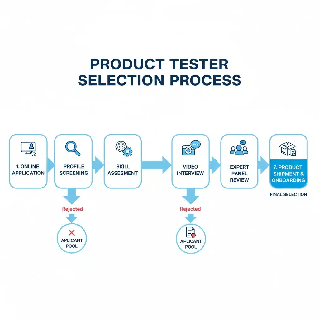 Flowchart depicting the product testing selection process stages.