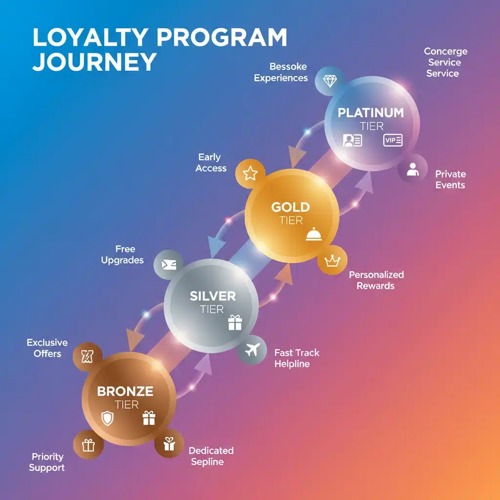 Infographic illustrating tiered loyalty program benefits and progression.