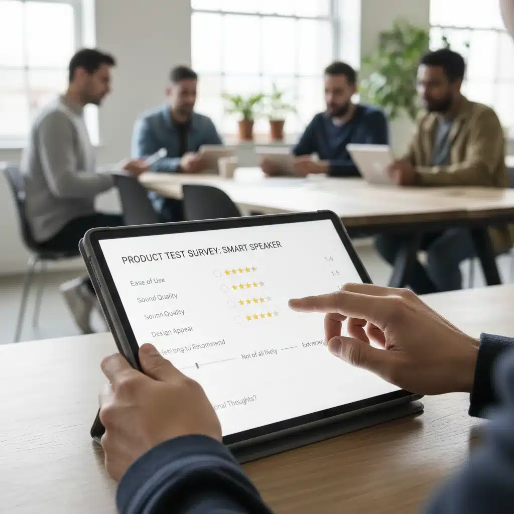 Hands interacting with a tablet displaying a product feedback survey