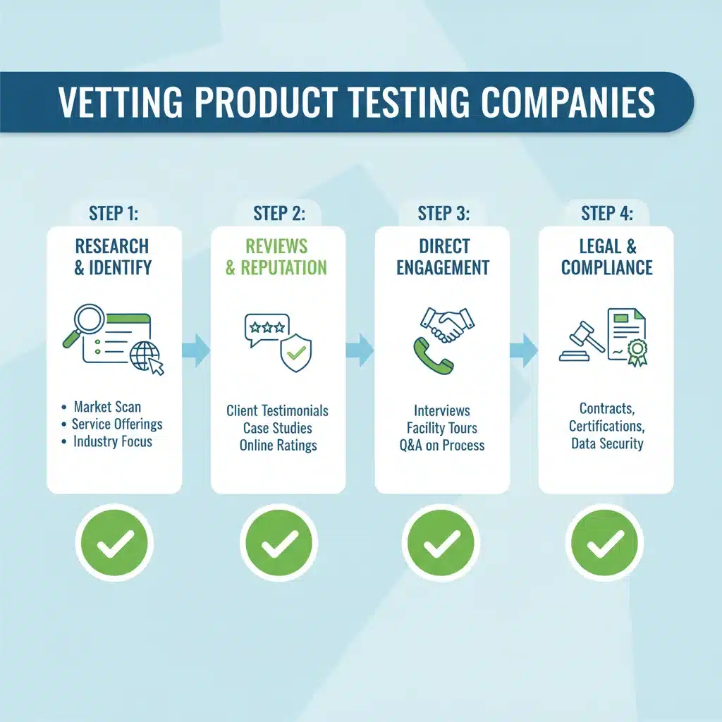 Infographic detailing steps to verify legitimacy of product testing companies.