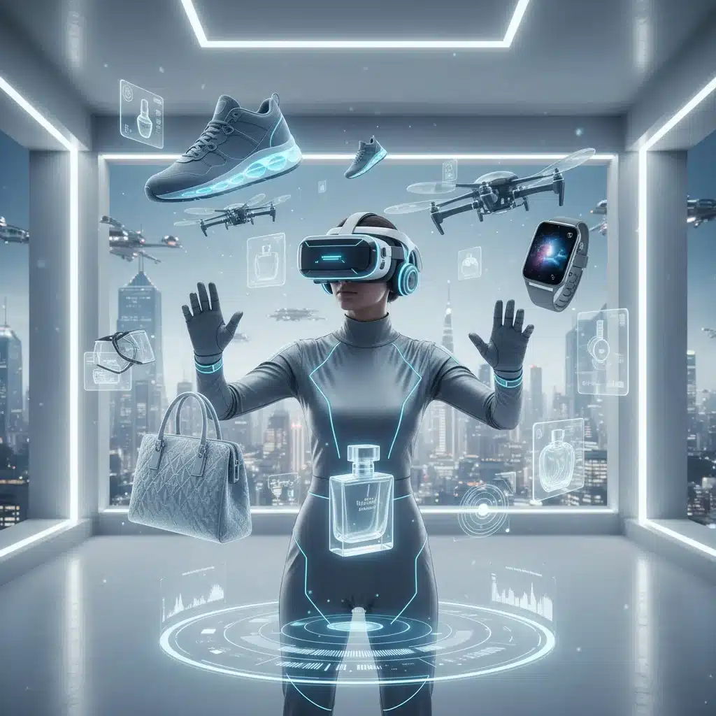Person in VR headset experiencing immersive digital shopping.